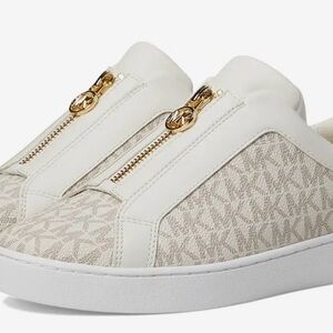 Michael Kors Women's White and Beige Logo Zip Slip-On Sneakers
